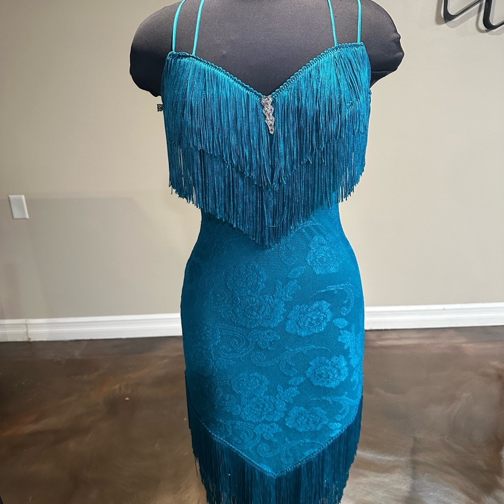 Chic Teal Fringe Mini Dress